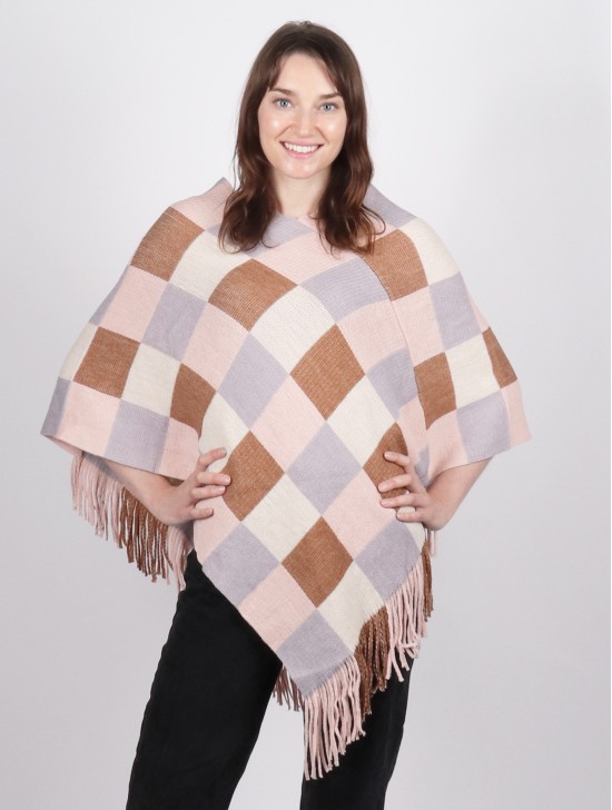 Colorful Plaid Poncho with Fringes